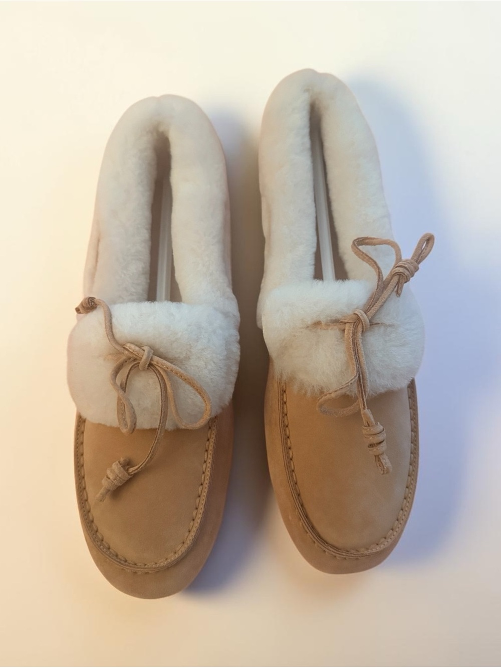 Loro Piana Women's Suede Moccasin Slippers in Light Tan with Cream Shearling